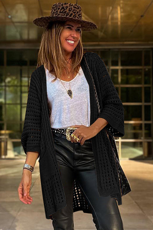 Pointelle Knit Pocket Open Front Cardigan